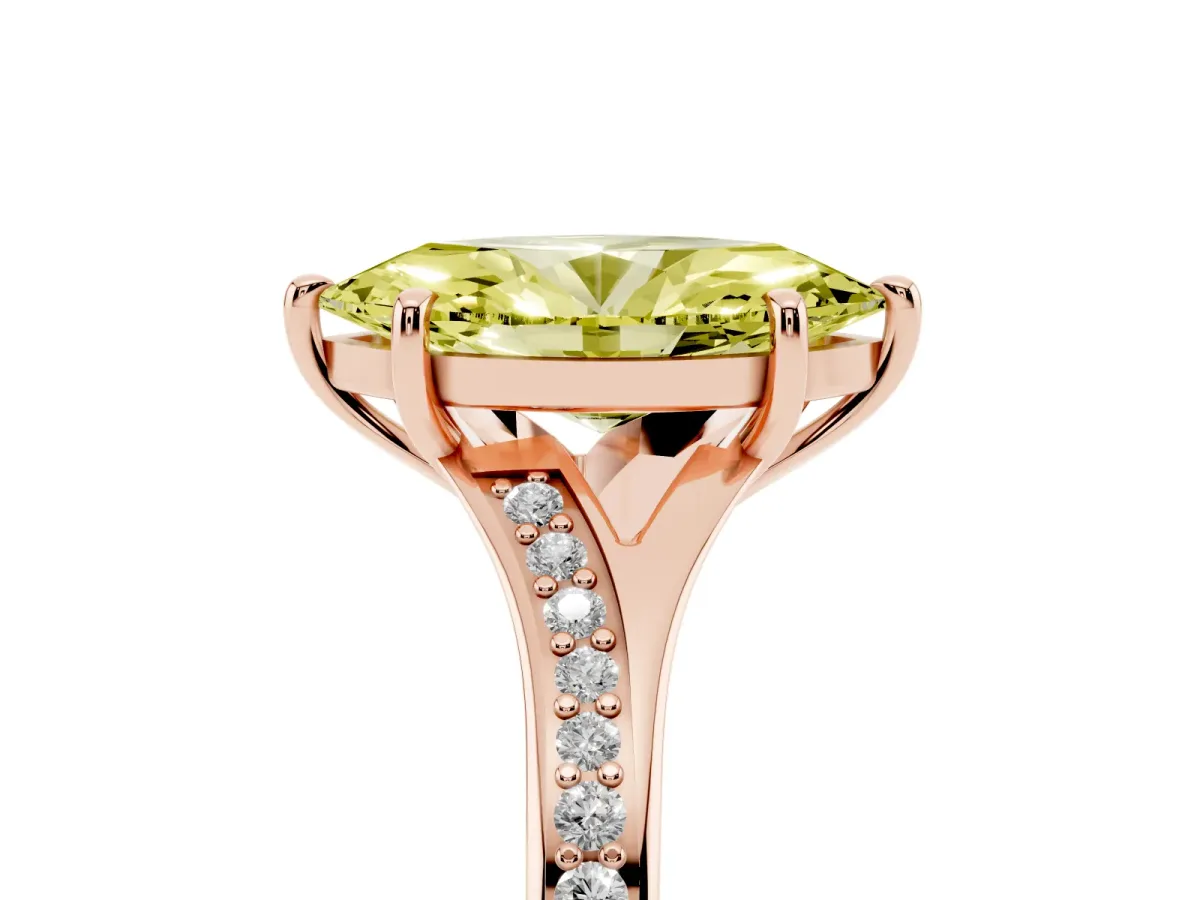 Fancy Yellow Marquise Cut Diamond Solitaire Ring with Pavé Band and Prong Setting Rose gold