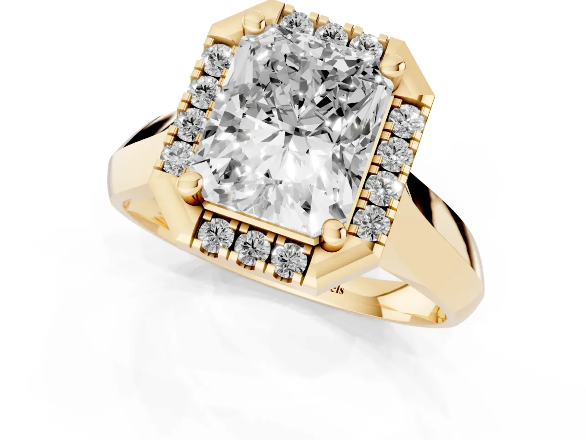 Radiant Cut Cut Halo Solitaire Engagement Ring with Square Band and Four-Prong Setting Yellow gold
