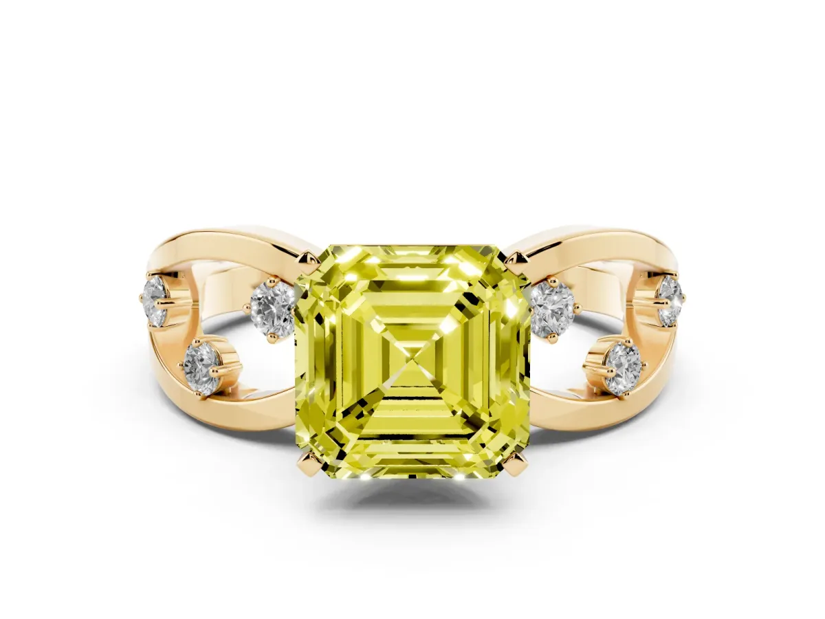 Fancy Yellow Asscher Cut Cut Solitaire Diamond with Side Stones on Criss-Cross Band and Four-Prong Setting Yellow gold