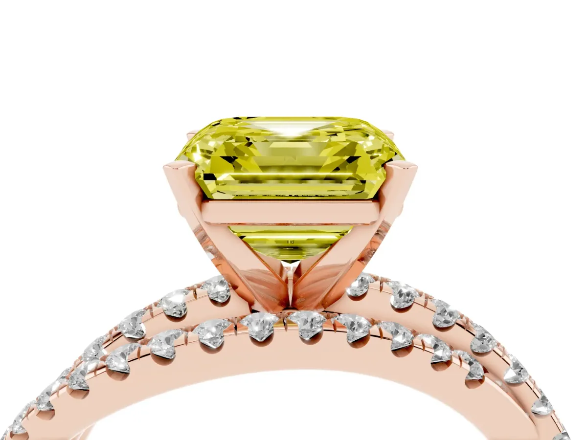 Fancy Yellow Asscher Cut Solitaire Twist Band with Pavé Setting and Four-Prong Setting Rose gold