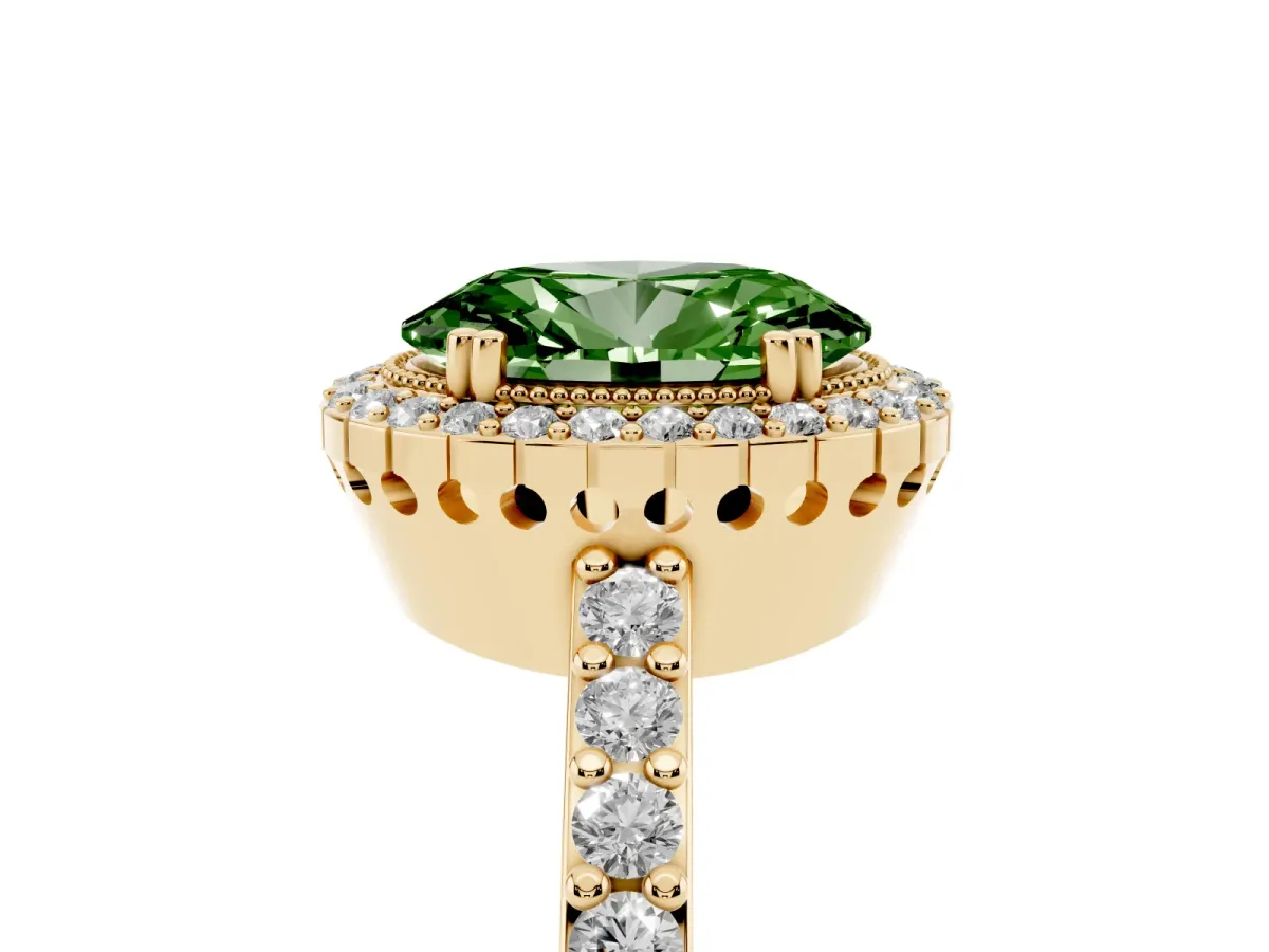 Fancy Green Oval Cut Cut Diamond Halo Engagement Ring with Milgrain Detail and Pavé Band Yellow gold