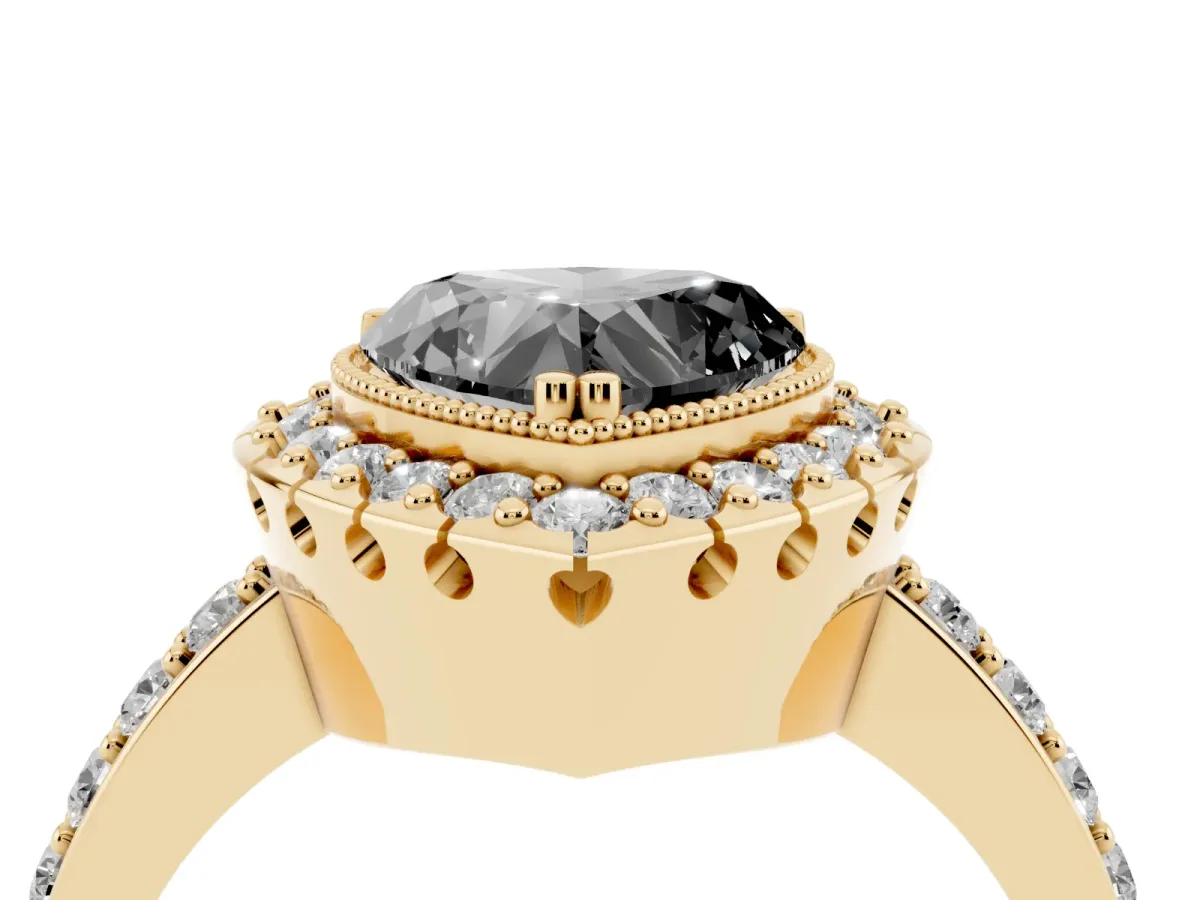 Fancy Black Heart Cut Diamond Halo Ring with Pavé Band and Prong Setting Yellow gold