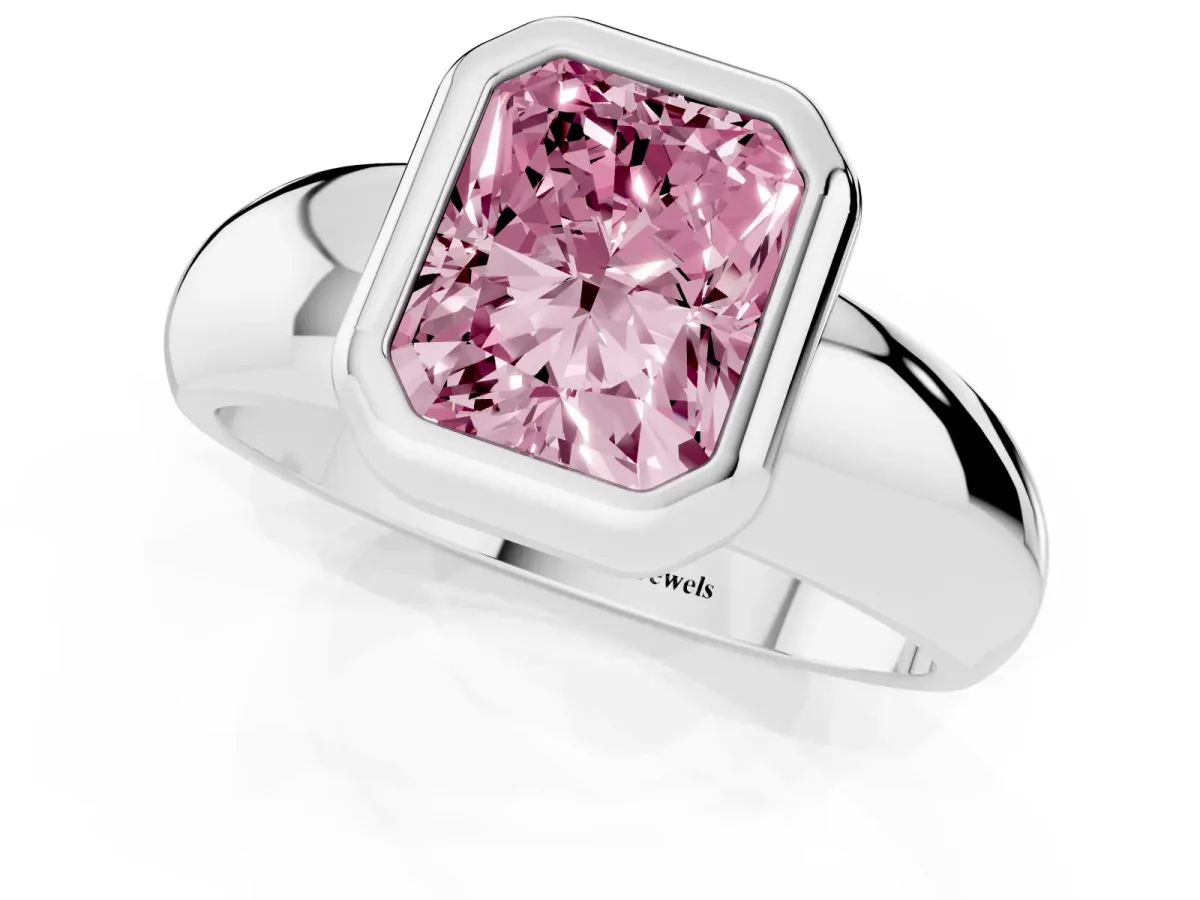 Fancy Pink Bezel Set Radiant Cut Solitaire Ring with Wide Band Platinum