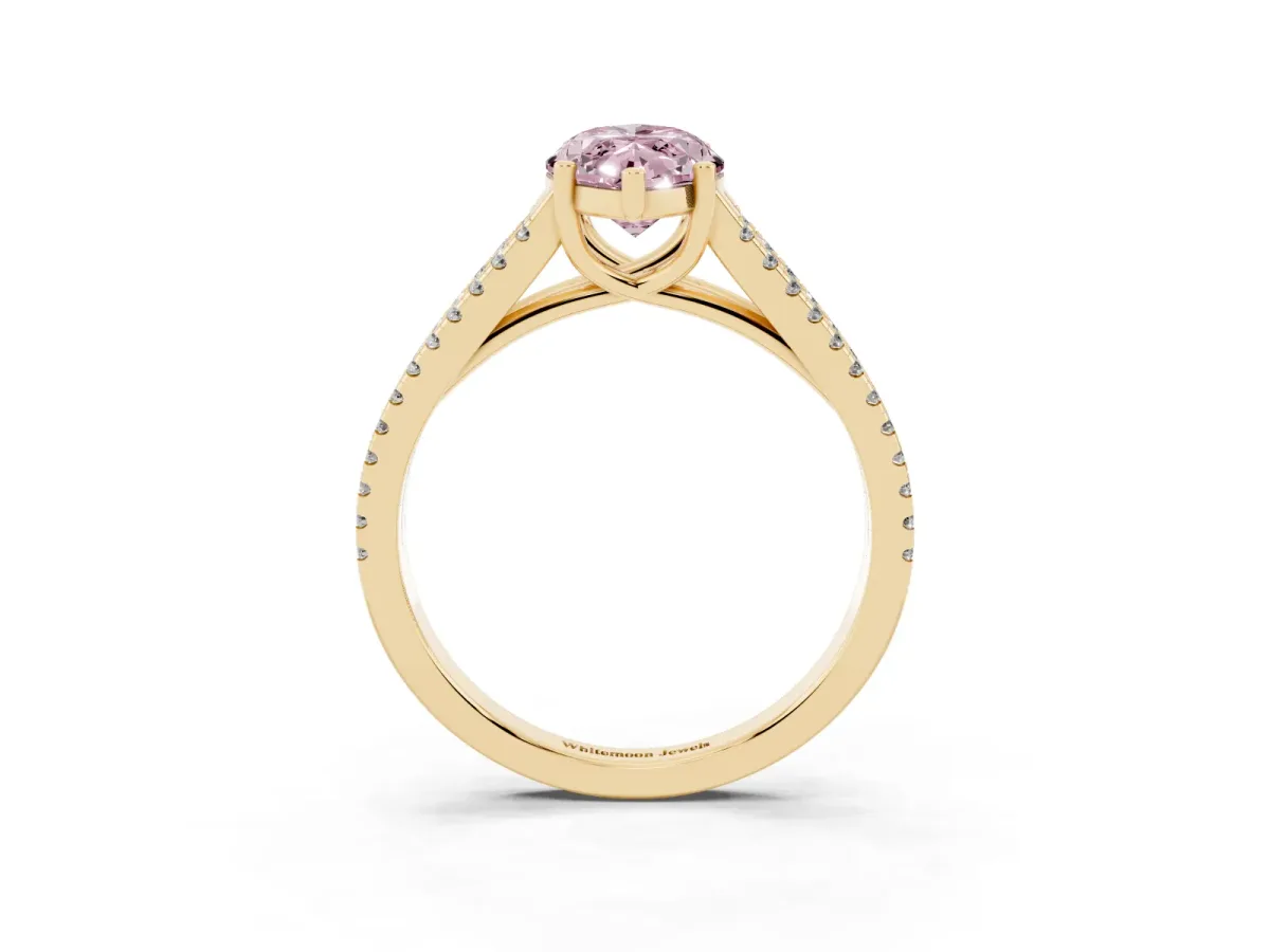 Fancy Pink Marquise Cut Diamond Solitaire Engagement Ring with Split Shank Pavé Band Yellow gold