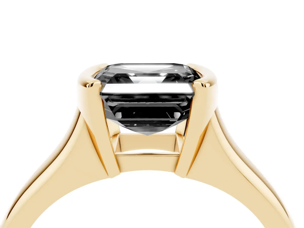 Fancy Black Asscher Cut Solitaire Tension Set Diamond Ring with Split Shank Band Yellow gold