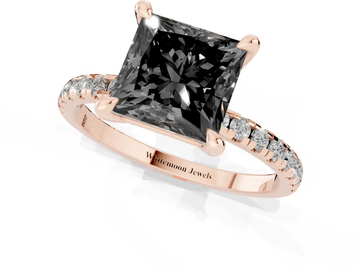 Fancy Black Princess Cut Diamond Brilliant Solitaire Ring with Pavé Band and Four-Prong Setting Rose gold