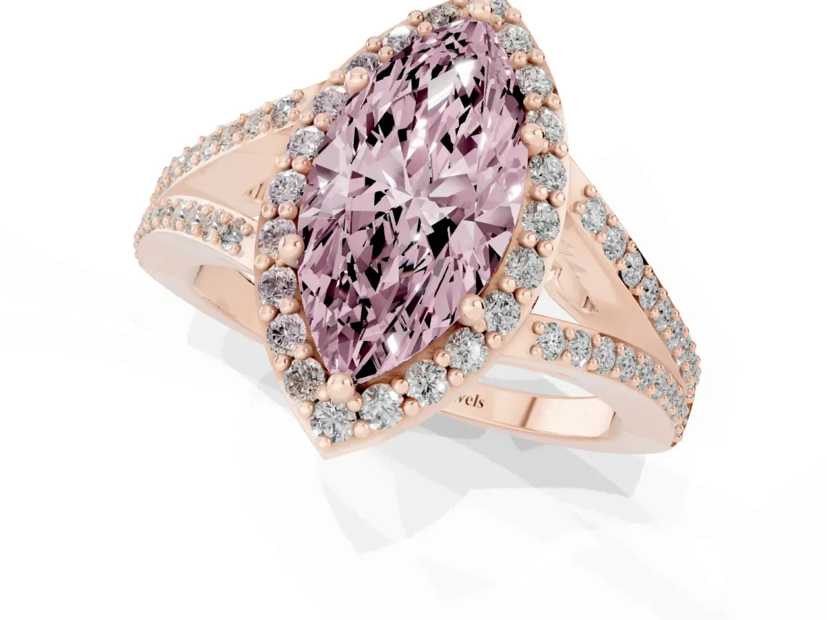Fancy Pink Marquise Cut Halo Split Shank Pave Diamond Ring with Four-Prong Setting Rose gold