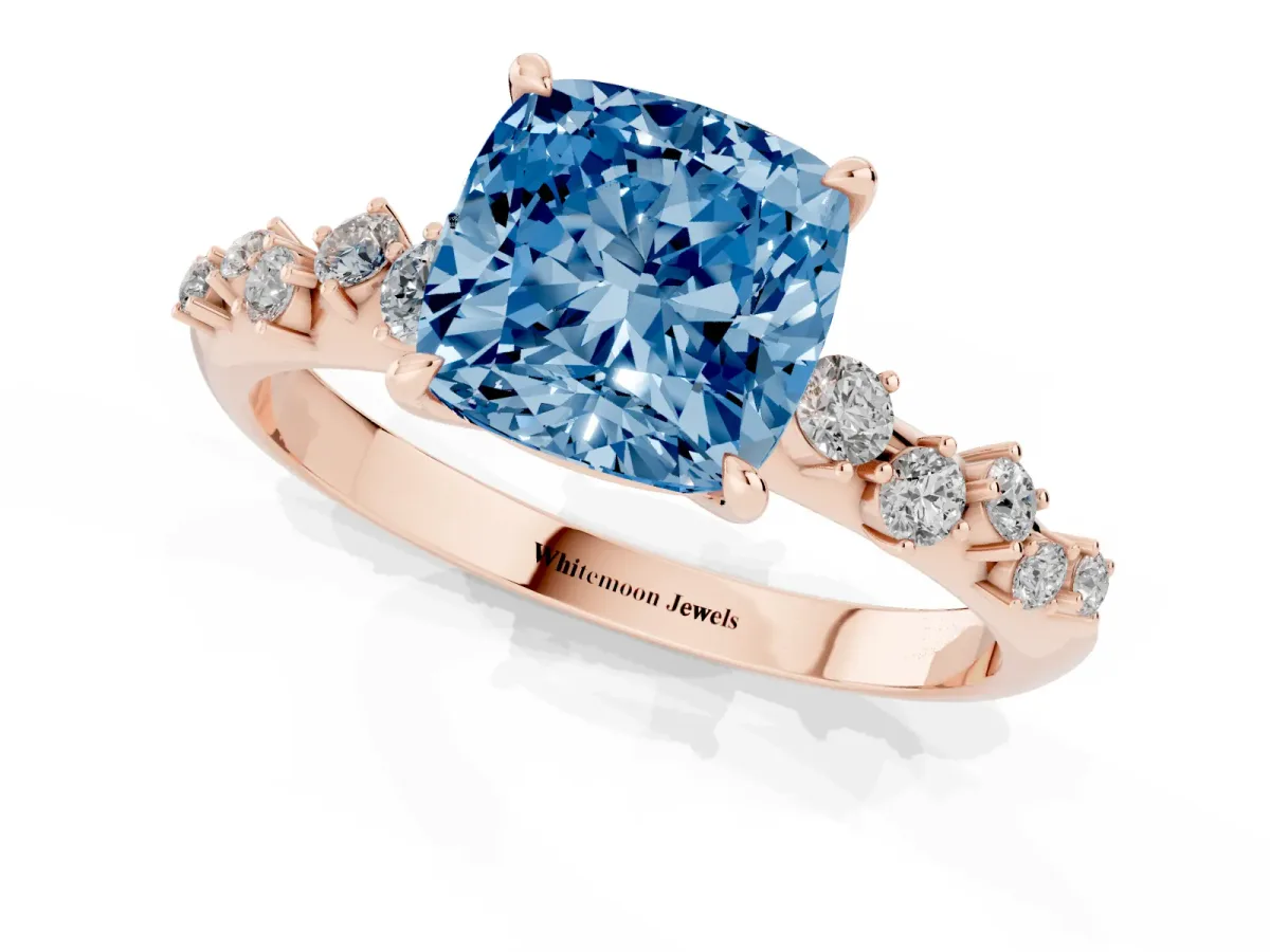 Fancy Blue Cushion Cut Diamond Cluster Side Stone Solitaire Ring with Prong Setting Rose gold