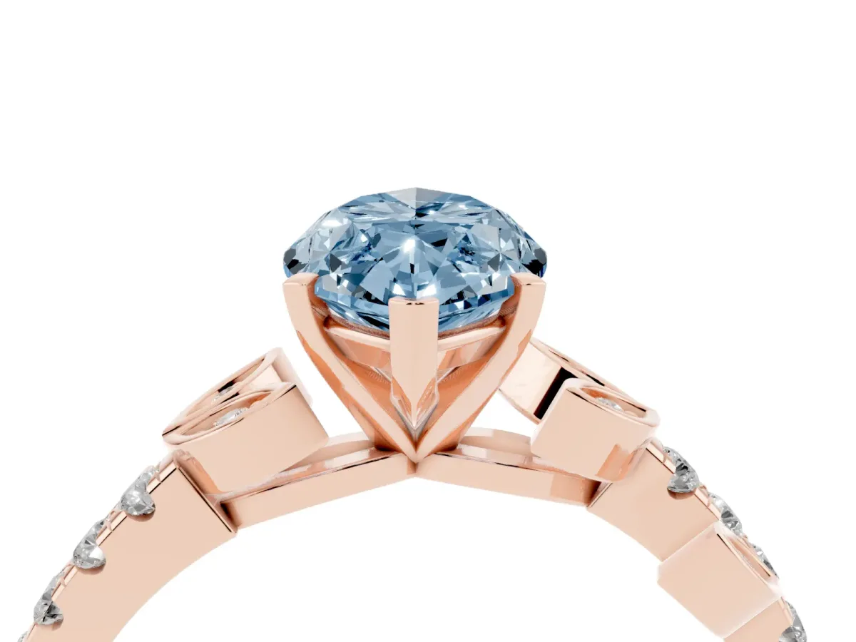 Fancy Blue Marquise Cut Solitaire Leaf-Inspired Diamond Ring with Pavé Band and Four-Prong Setting Rose gold