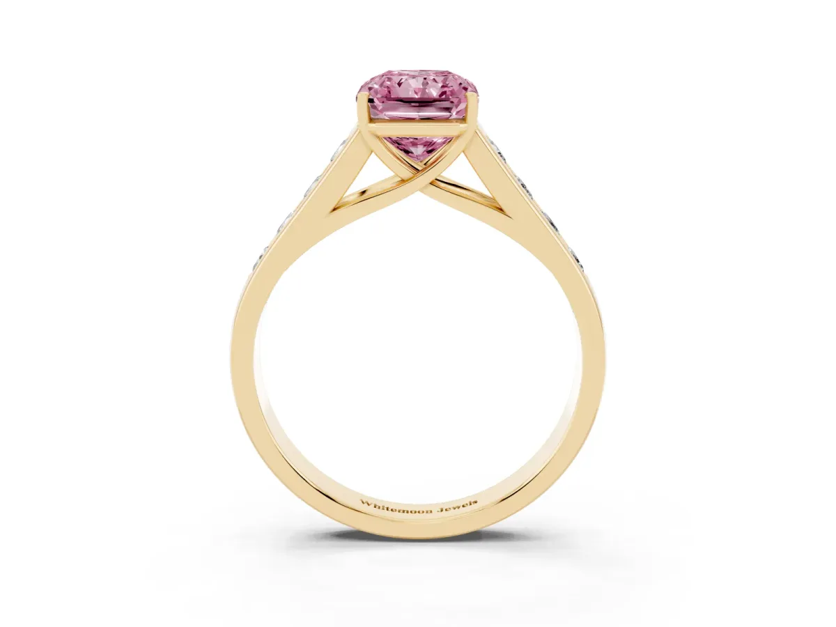Fancy Pink Radiant Cut Solitaire Channel-Set Diamond Engagement Ring with Four-Prong Setting Yellow gold