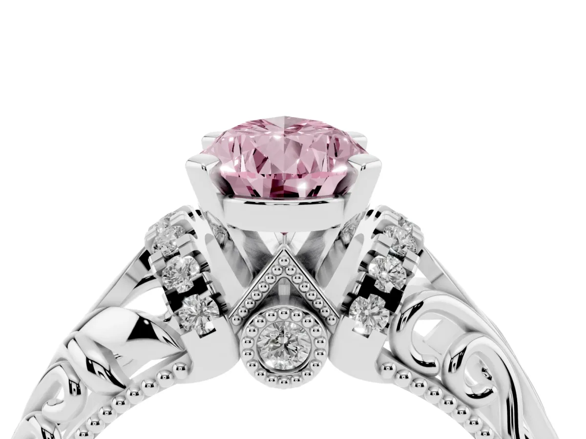 Fancy Pink Pear Cut Solitaire Filigree Engagement Ring with Halo and Prong Setting Silver