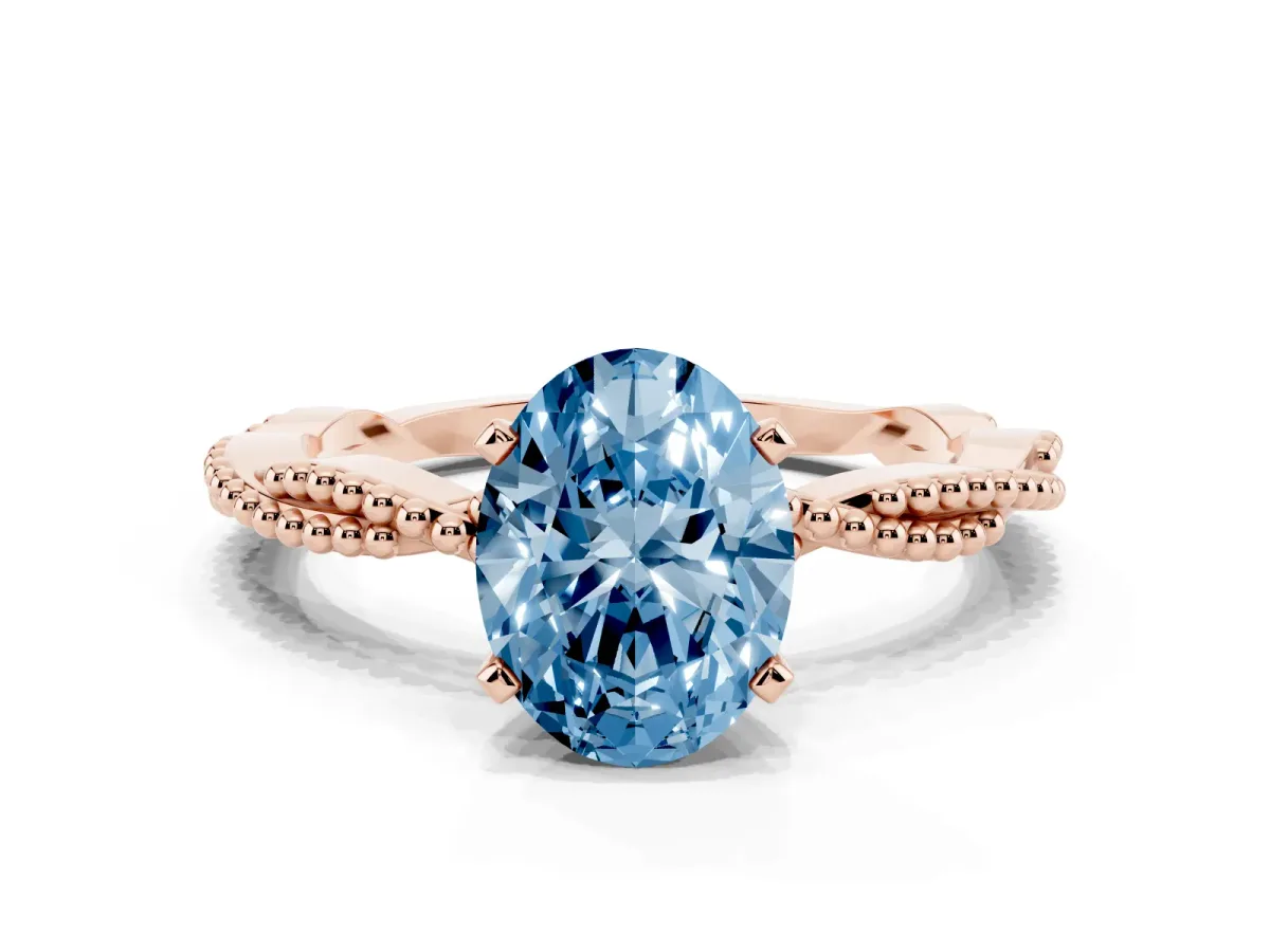 Fancy Blue Oval Cut Solitaire Twisted Band with Bead Prong Setting Rose gold