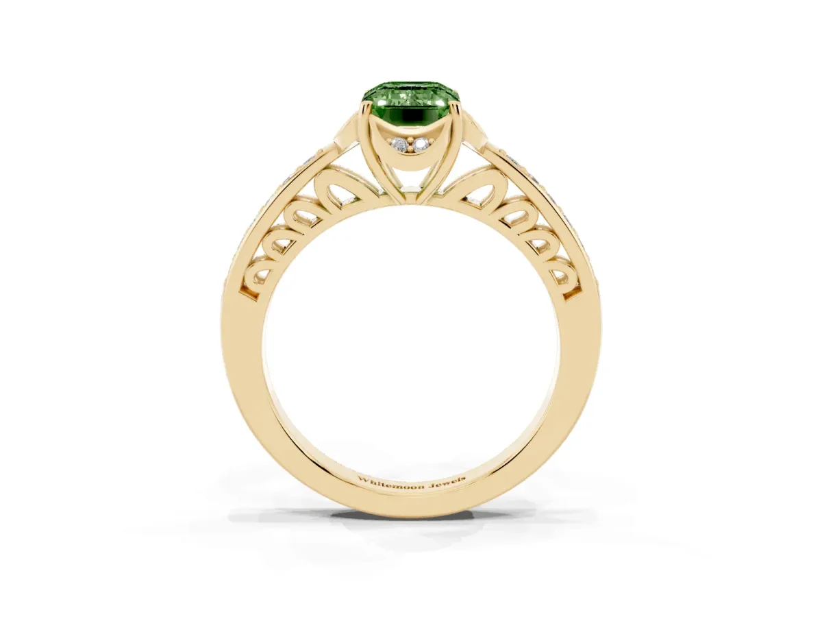 Fancy Green Emerald Cut Cut Halo Diamond Ring with Channel Set Band and Four-Prong Setting Yellow gold