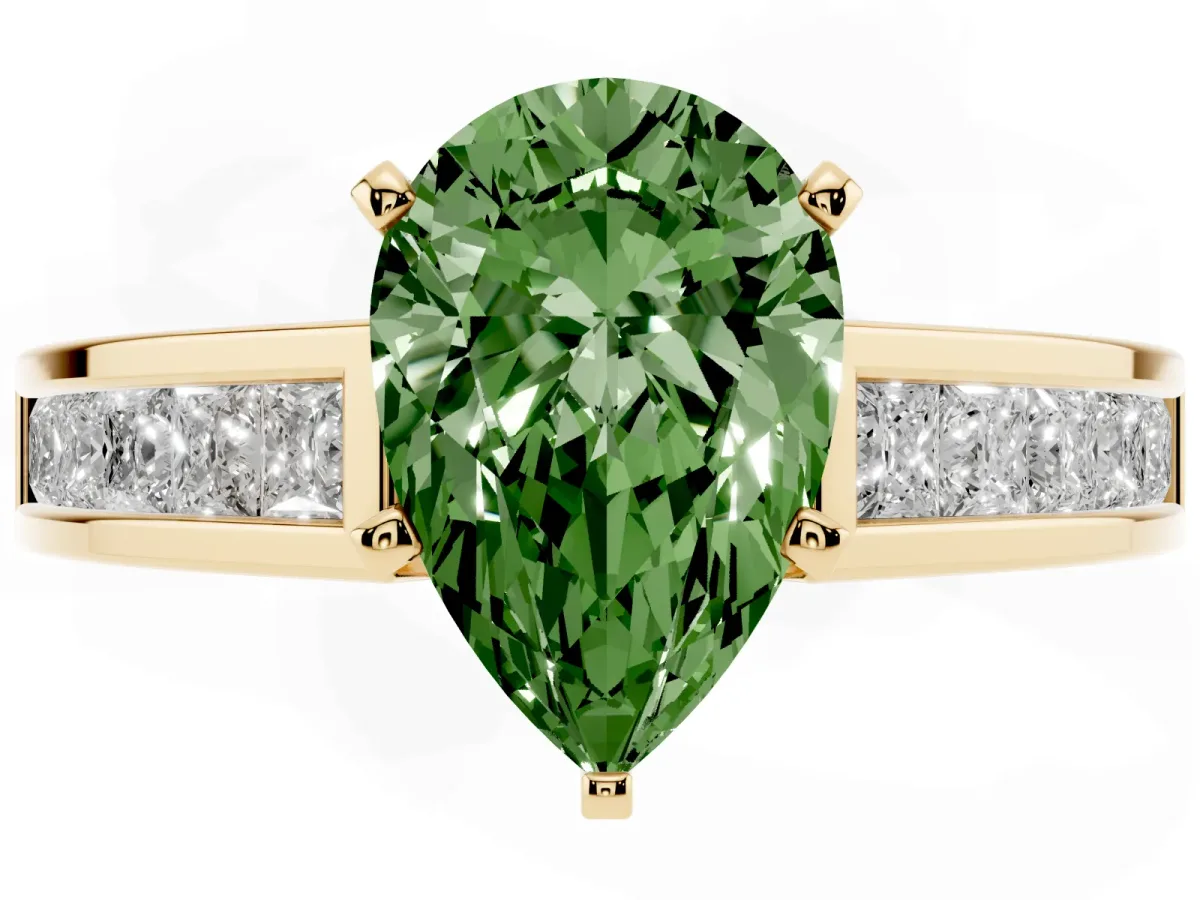 Fancy Green Pear Cut Solitaire Diamond Ring with Channel-Set Band and Four-Prong Setting Yellow gold