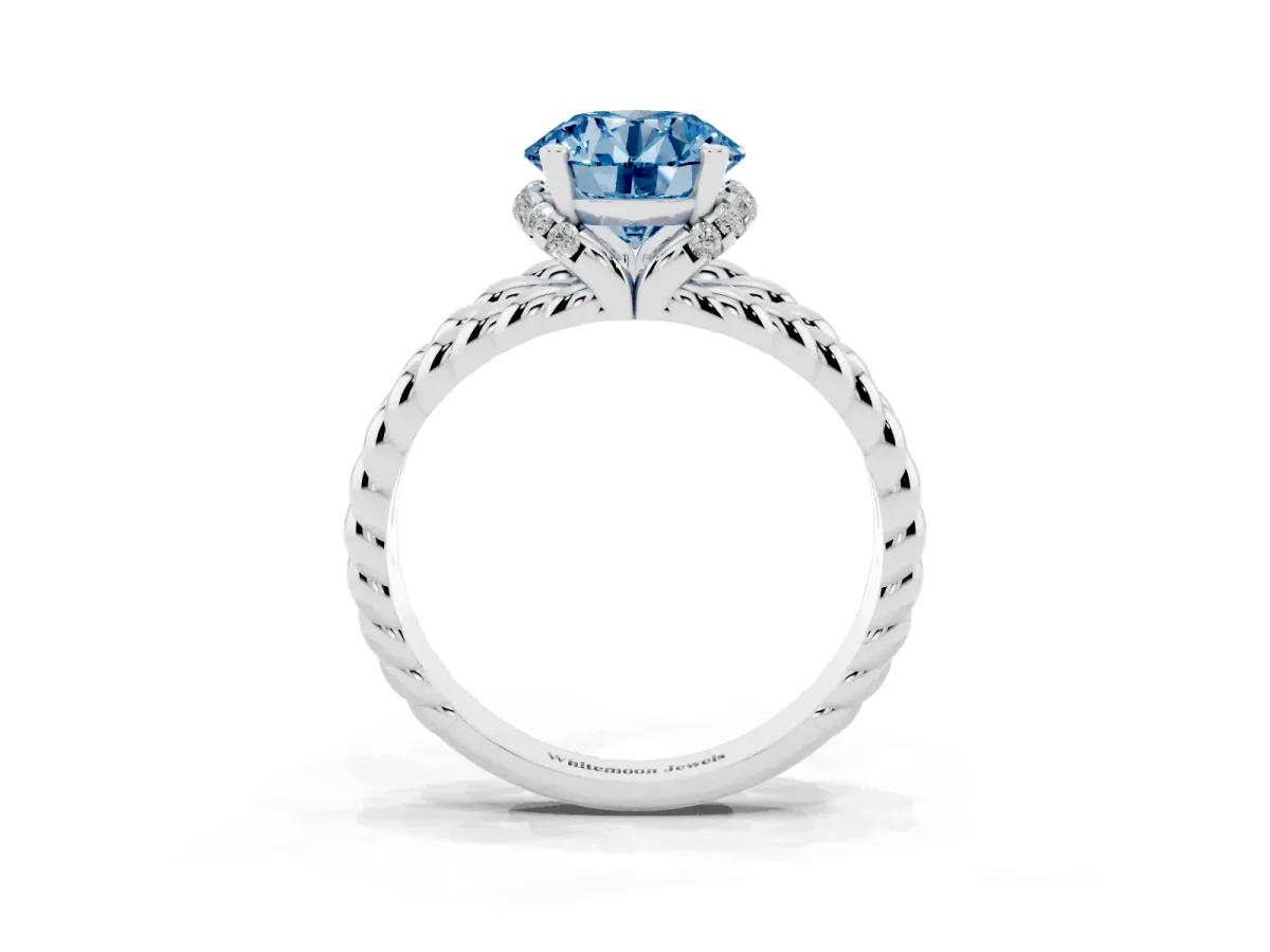 Fancy Blue Round Cut Halo Twisted Band Four-Prong Ring Platinum