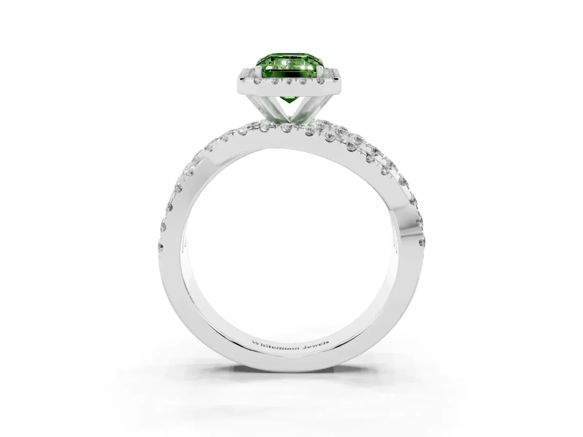 Fancy Green Emerald Cut Diamond Halo Ring with Round Split Shank and Prong Setting Silver