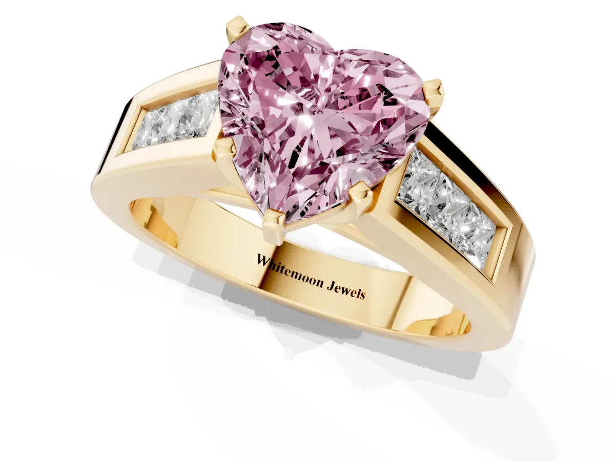 Fancy Pink Heart Cut Cut Channel Set Solitaire Ring with Four-Prong Setting Yellow gold