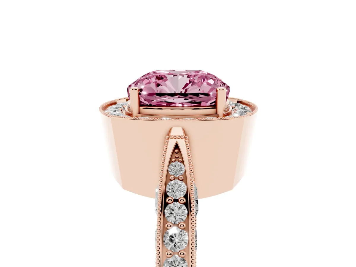 Fancy Pink Cushion Cut Halo Diamond Engagement Ring with Split Shank Band and Four-Prong Setting Rose gold