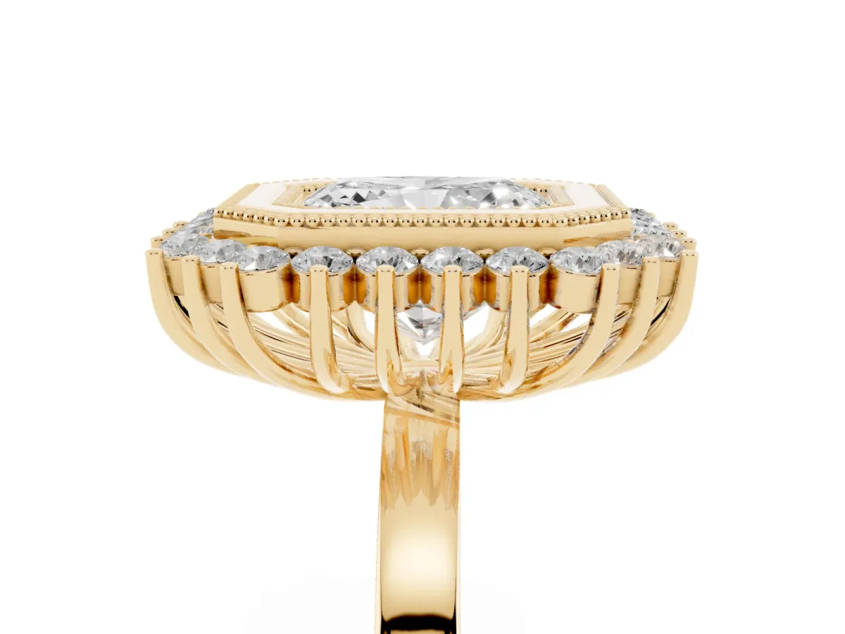 Radiant Cut Halo Diamond Ring with Milgrain Edge and Round Prong Setting Yellow gold