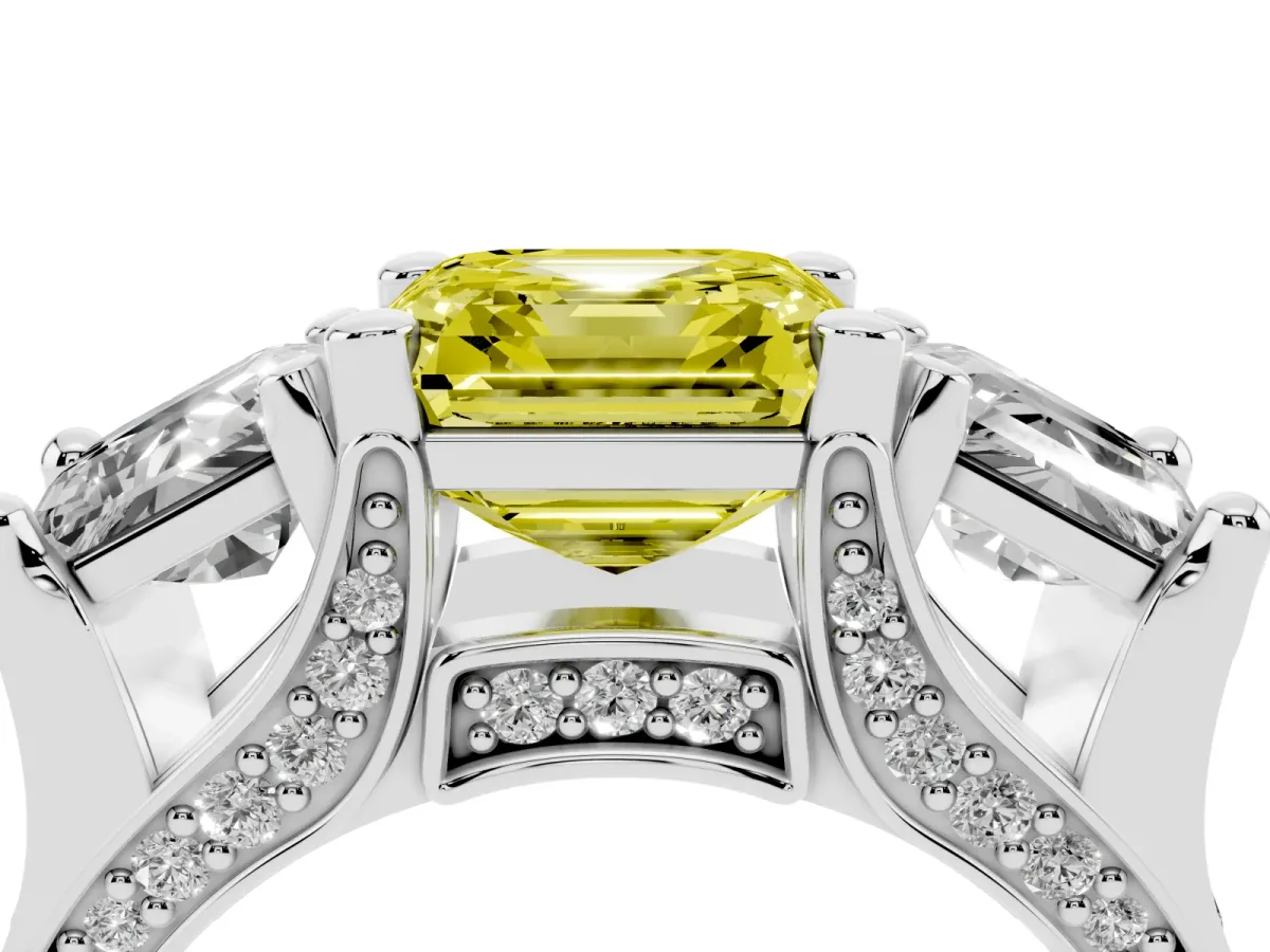 Fancy Yellow Asscher Cut Diamond Three-Stone Ring with Channel Set Band and Four-Prong Setting Silver