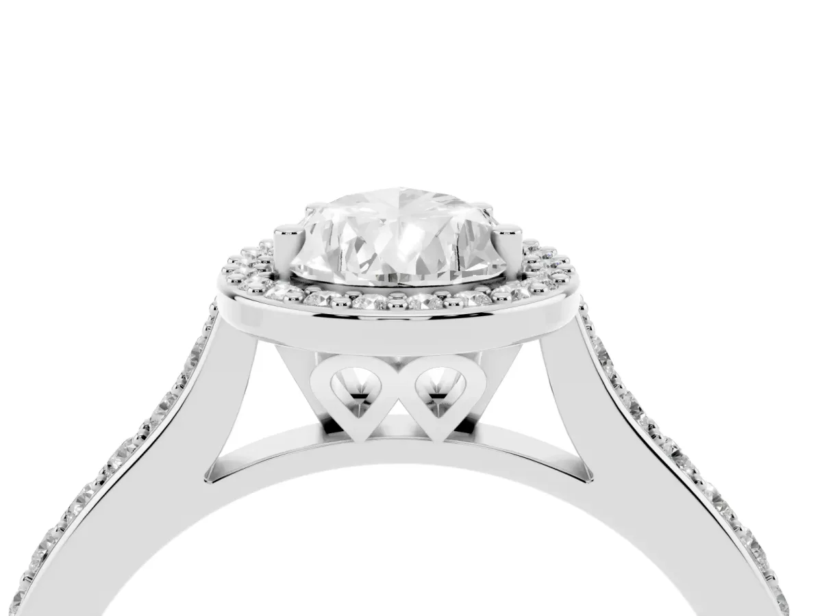 Pear Cut Diamond Halo Engagement Ring with Round Pavé Shoulders and Prong Setting Silver