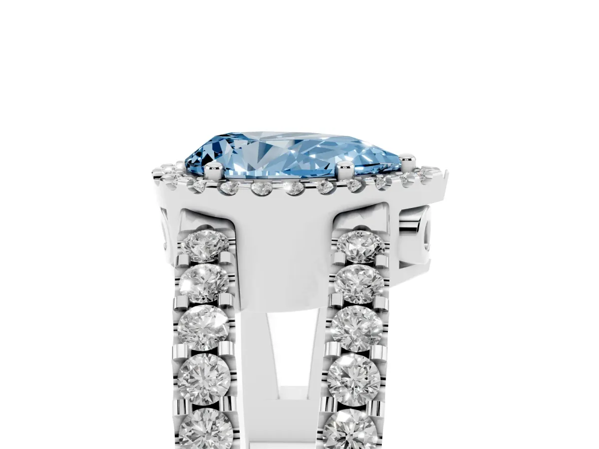 Fancy Blue Pear Cut Cut Halo Split Shank Diamond Ring with Four-Prong Setting Silver