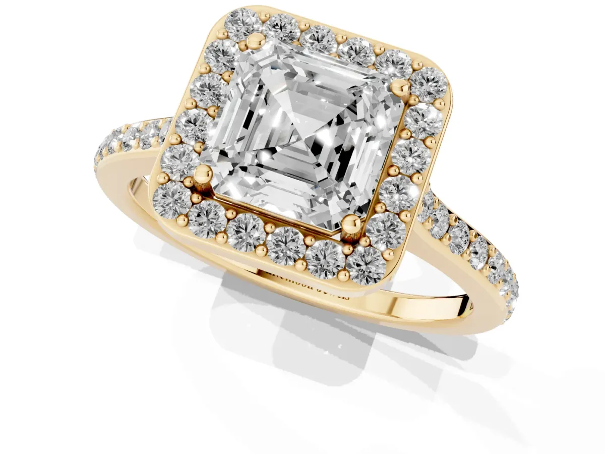 Asscher Cut Diamond Halo Engagement Ring with Round Pavé Shoulders and Prong Setting Yellow gold