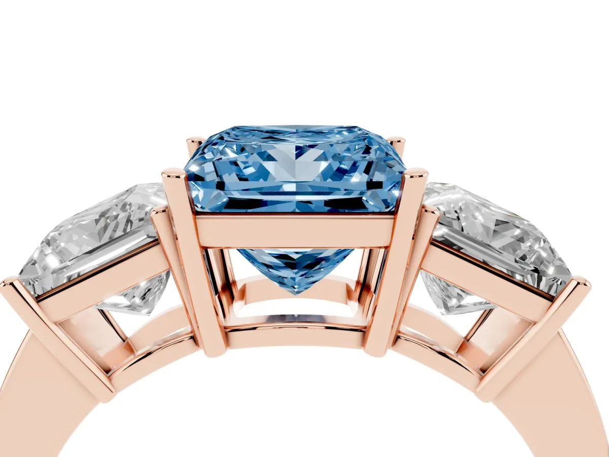 Fancy Blue Three-Stone Princess Cut Cut Diamond Engagement Ring with Flat Band and Four-Prong Setting Rose gold