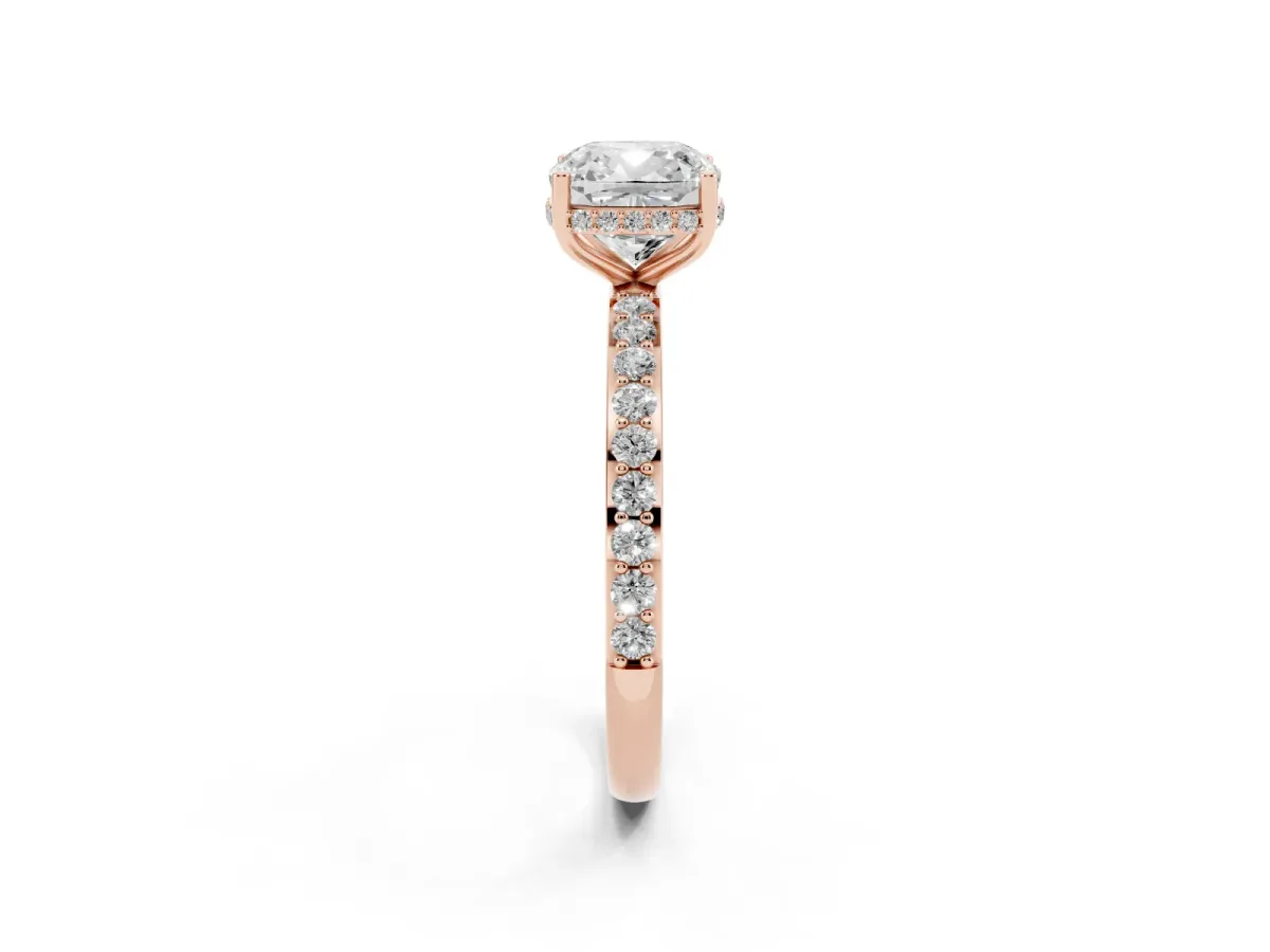 Cushion Cut Diamond Solitaire Ring with Pavé Band and Hidden Halo Rose gold