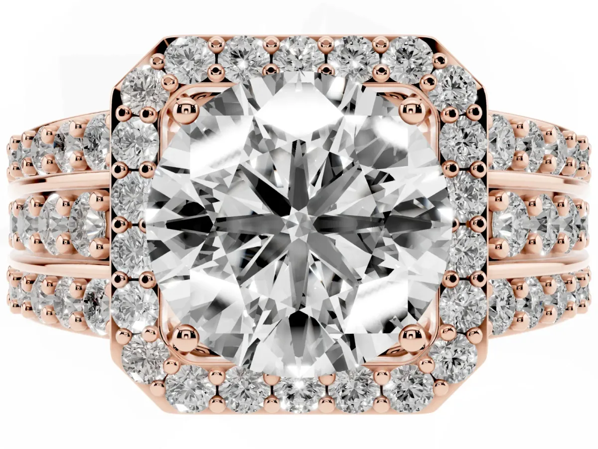 Round Cut Halo Diamond Ring with Round Split Shank and Prong Setting Rose gold