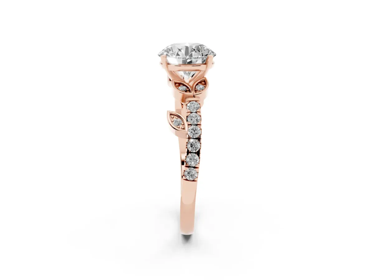 Round Cut Solitaire Leaf-Inspired Diamond Ring with Pavé Band and Four-Prong Setting Rose gold