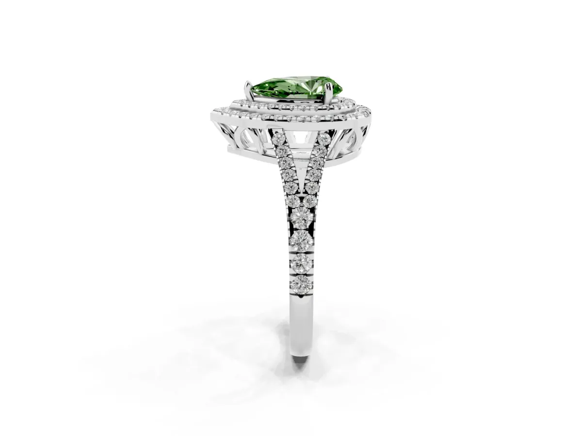 Fancy Green Pear Cut Diamond Double Halo Ring with Pavé Band and Prong Setting Silver