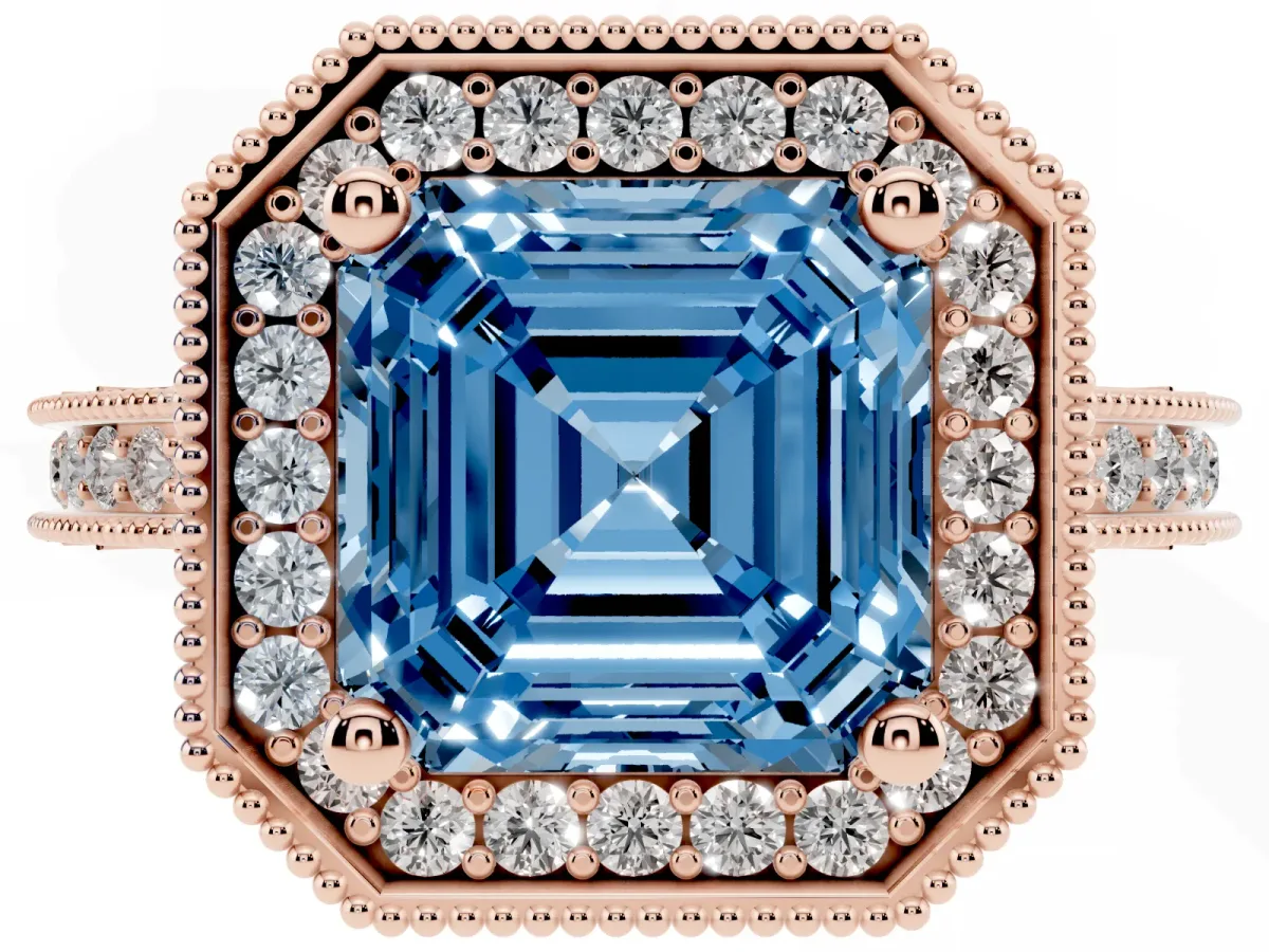 Fancy Blue Asscher Cut Diamond Milgrain Halo Engagement Ring with Round Pavé Band and Prong Setting Rose gold