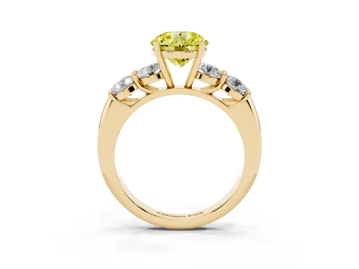 Fancy Yellow Round Cut Cut Five-Stone Prong Set Diamond Ring with Classic Band Yellow gold