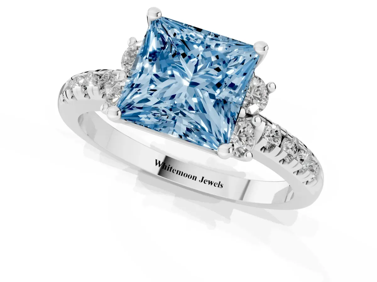 Fancy Blue Princess Cut Diamond Three-Stone Pave Band with Four-Prong Setting Silver