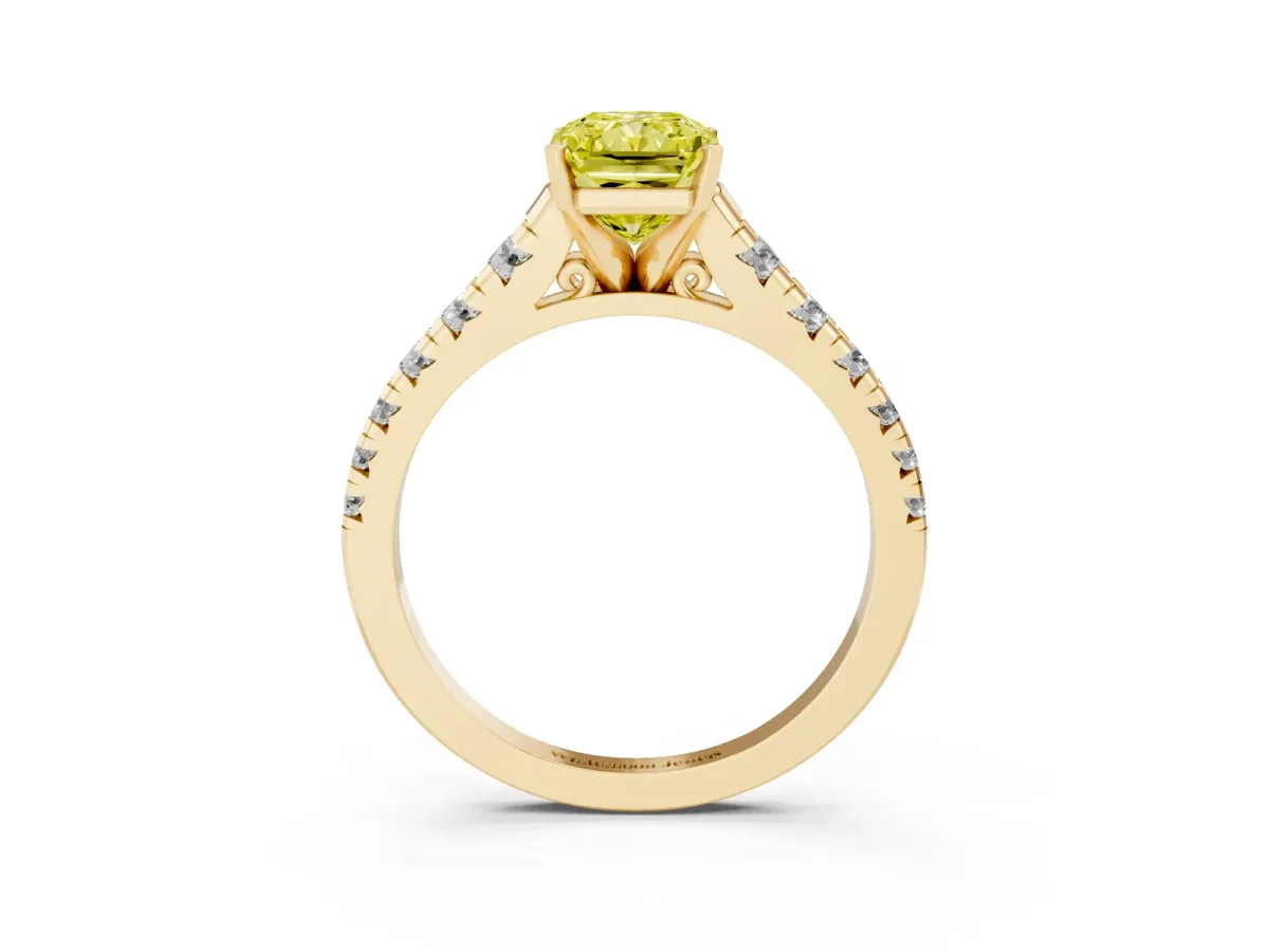 Fancy Yellow Radiant Cut Diamond Cathedral Solitaire Ring with Round Pavé Band Yellow gold