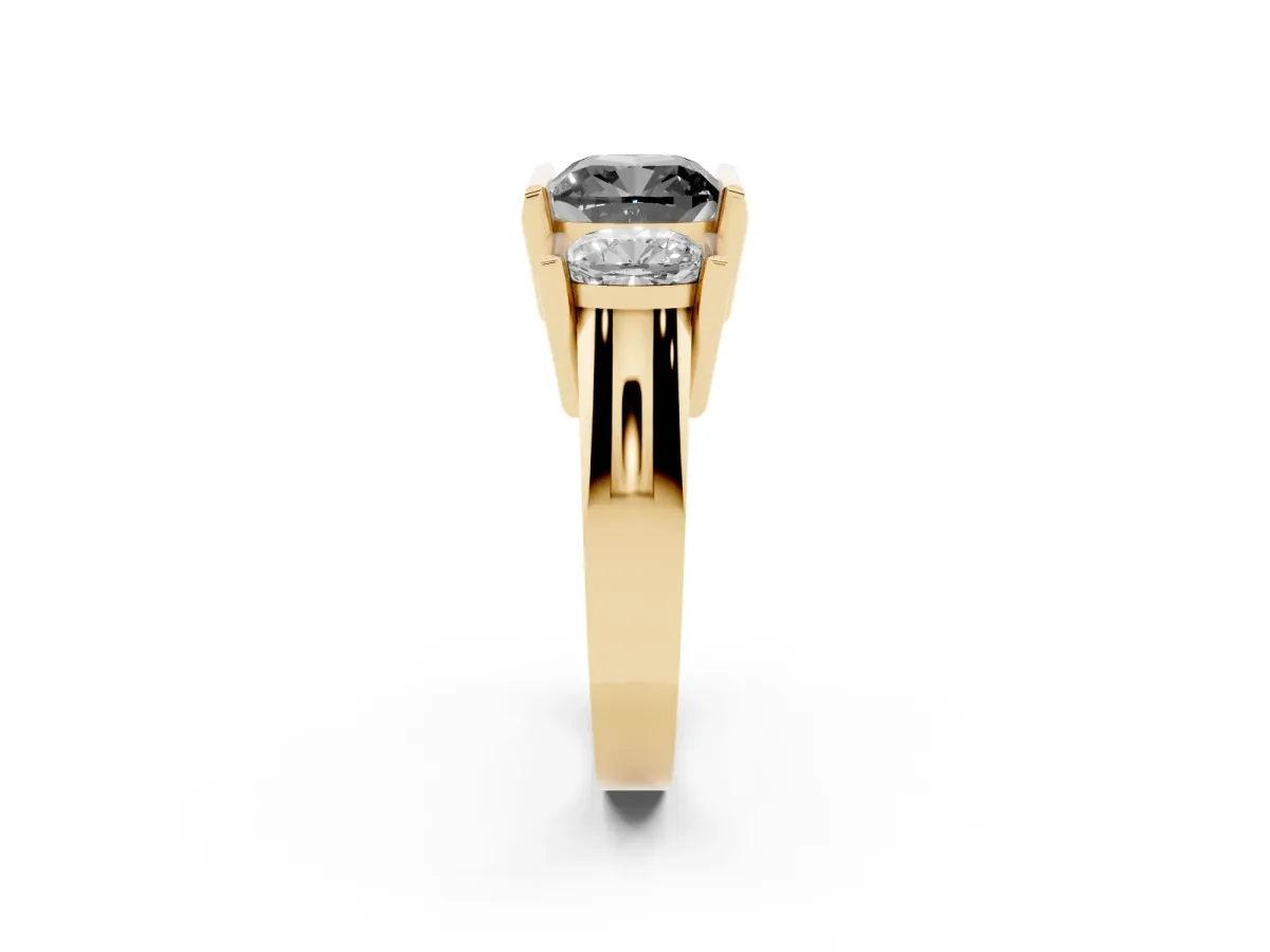 Fancy Black Three Stone Cushion Cut Cut Channel Set Diamond Ring Yellow gold