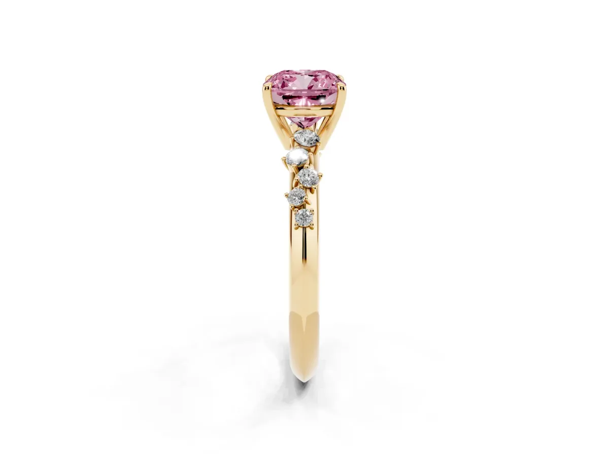 Fancy Pink Cushion Cut Diamond Cluster Side Stone Solitaire Ring with Prong Setting Yellow gold