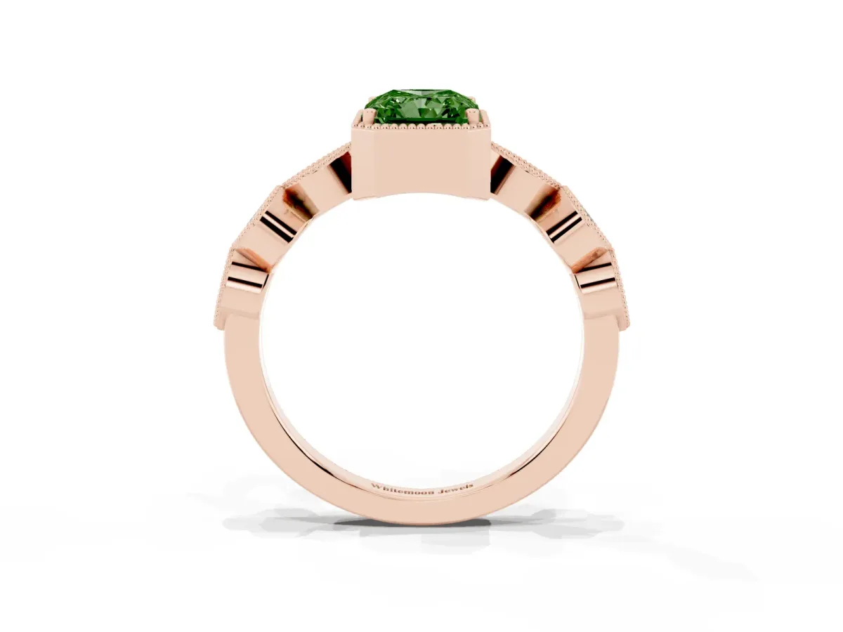 Fancy Green Radiant Cut Diamond Vintage Milgrain Ring with Round Stations Rose gold