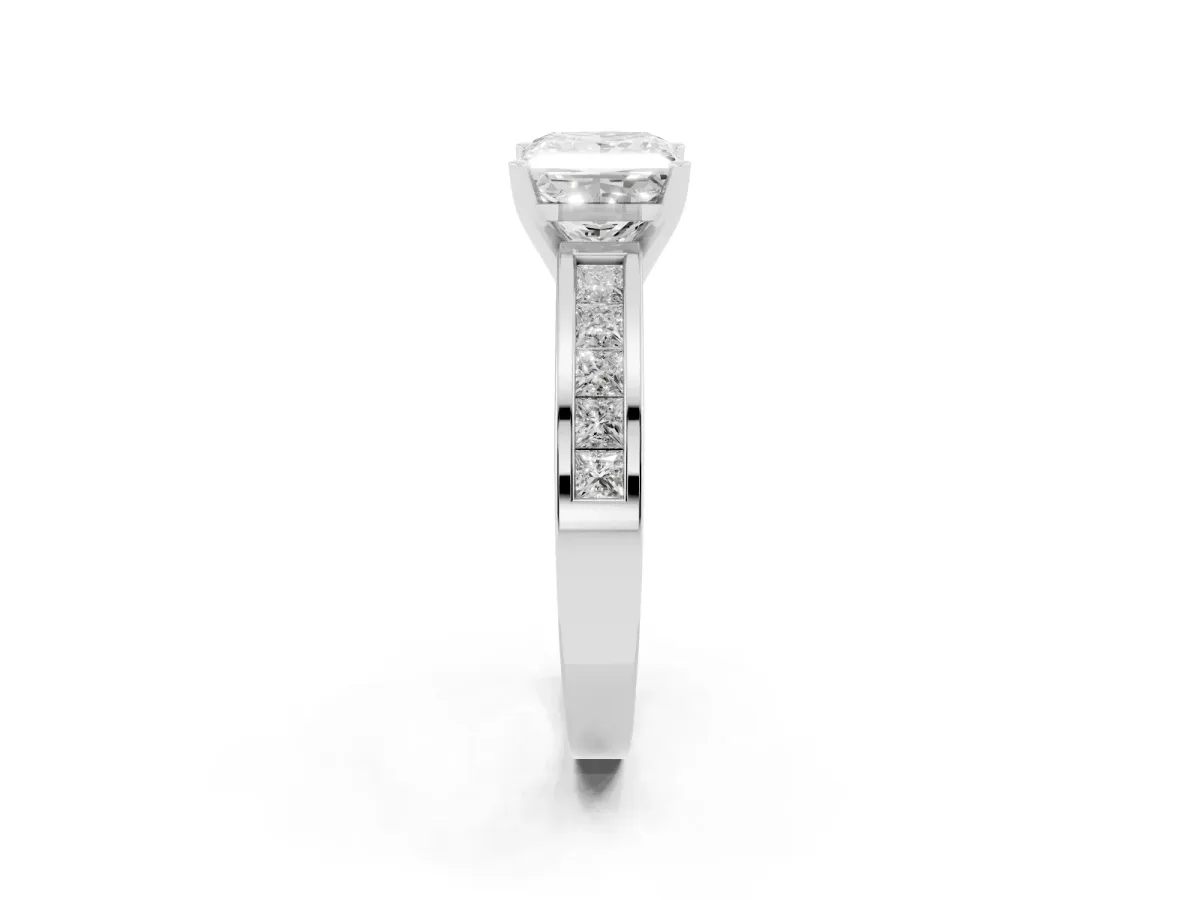 Princess Cut Solitaire Diamond Ring with Channel-Set Band and Four-Prong Setting Silver