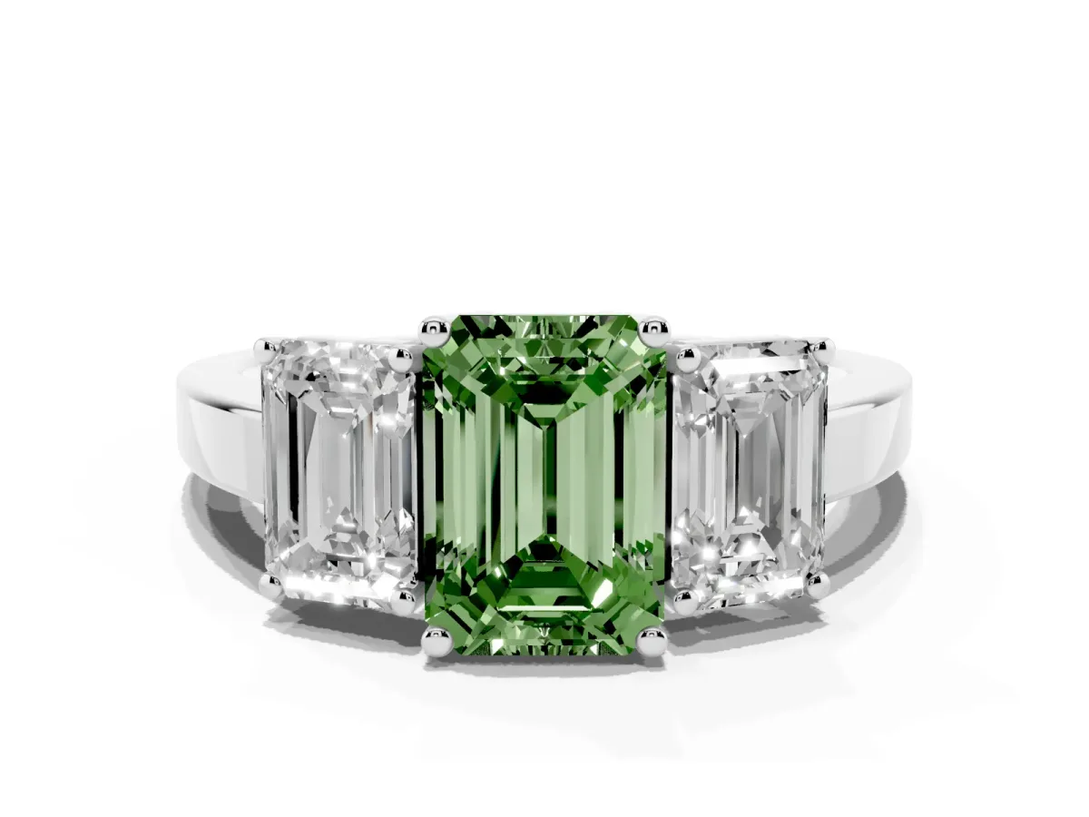 Fancy Green Three-Stone Emerald Cut Cut Diamond Engagement Ring with Flat Band and Four-Prong Setting Silver