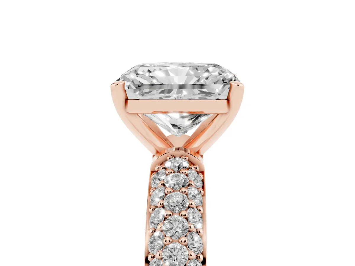 Radiant Cut Diamond Solitaire Ring with Prong Setting and Pavé Band Rose gold