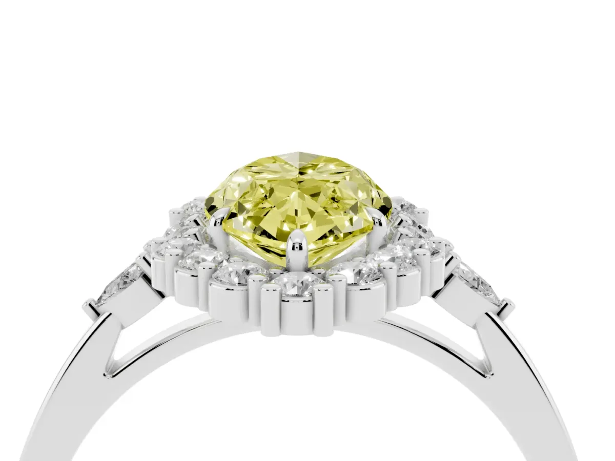 Fancy Yellow Marquise Cut Diamond Halo Ring with Pear Side Stones and Prong Setting Platinum