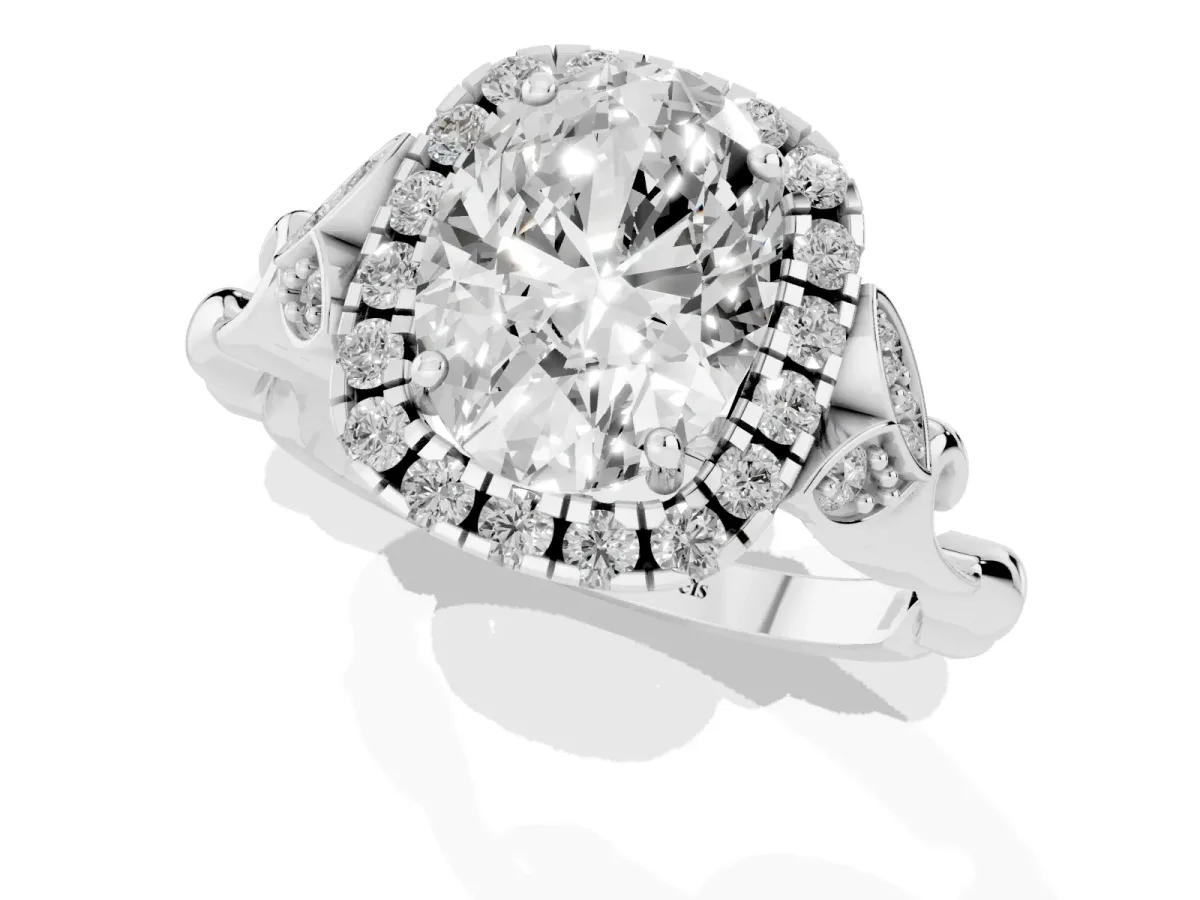 Oval Cut Halo Diamond Engagement Ring with Vintage-Inspired Band and Four-Prong Setting Platinum