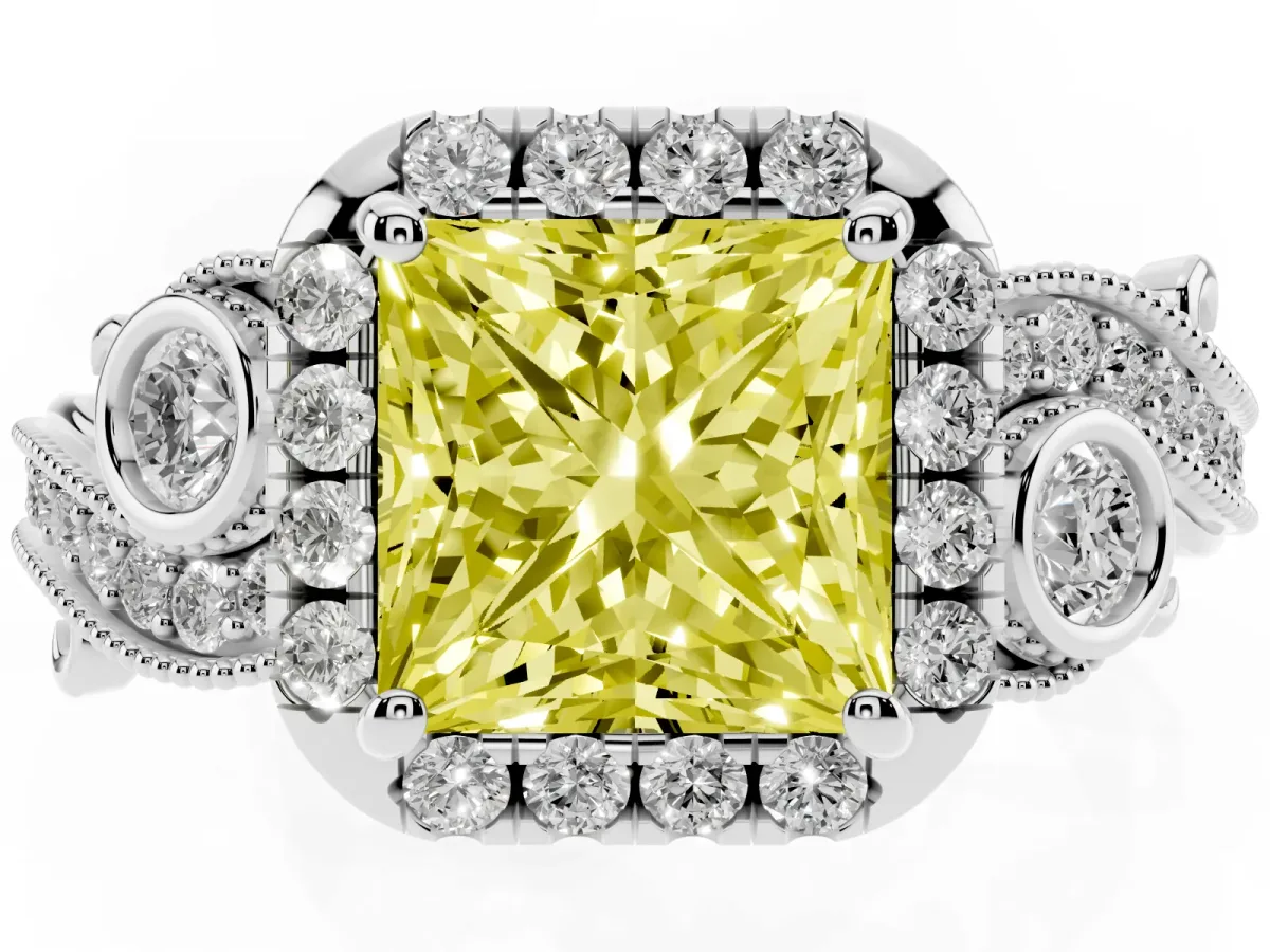Fancy Yellow Princess Cut Diamond Halo Ring with Milgrain Pavé Band and Four-Prong Setting Silver