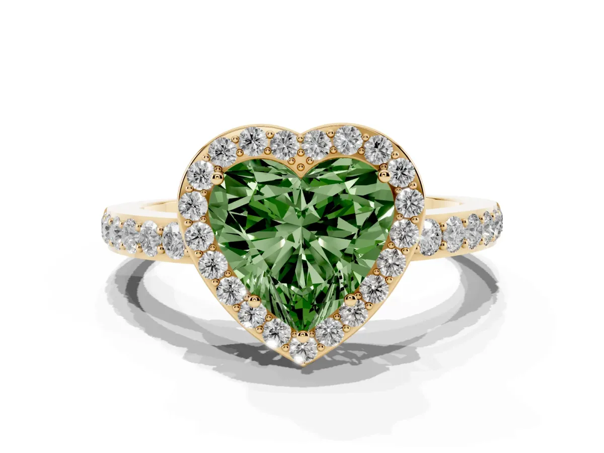 Fancy Green Heart Cut Halo Diamond Pavé Band Ring with Prong Setting Yellow gold