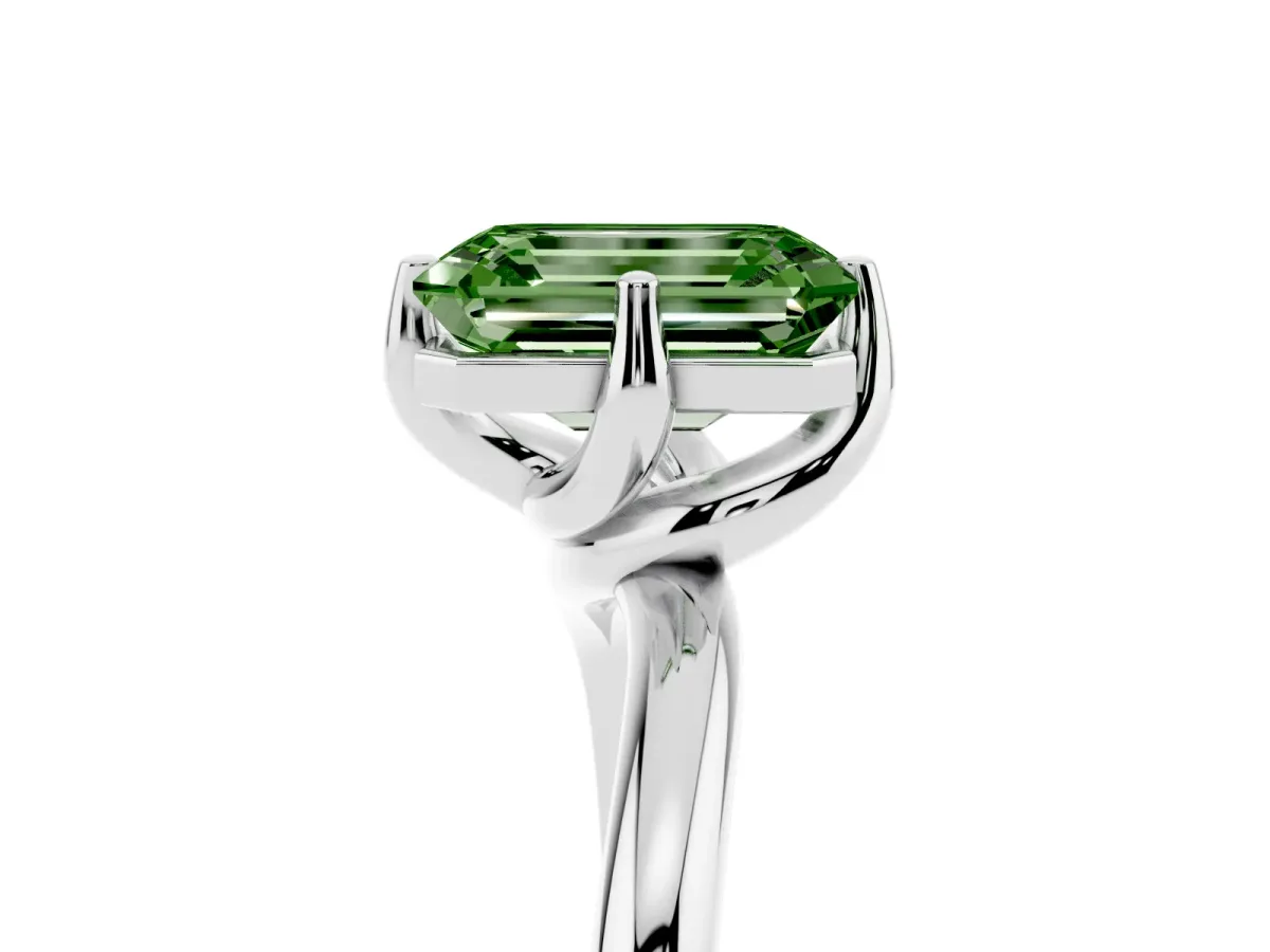 Fancy Green Emerald Cut Diamond Solitaire Engagement Ring with Four-Prong Setting and Classic Band Platinum