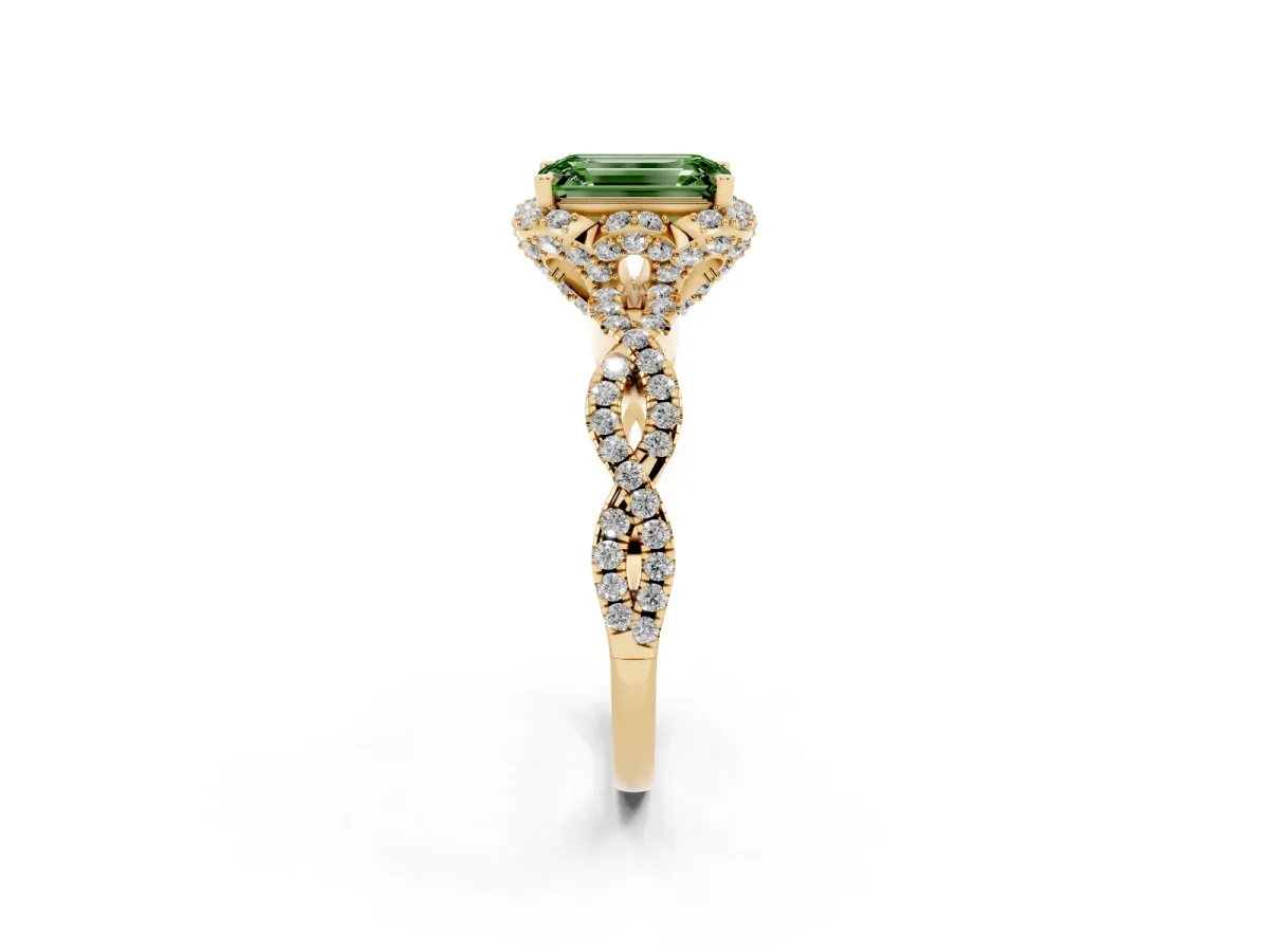 Fancy Green Emerald Cut Halo Twist Band Solitaire Ring with Six-Prong Setting Yellow gold