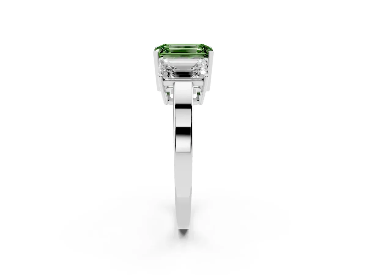 Fancy Green Three-Stone Emerald Cut Cut Diamond Engagement Ring with Flat Band and Four-Prong Setting Silver