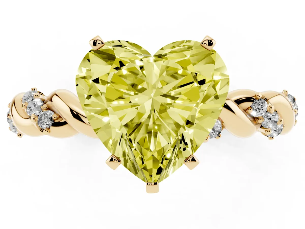 Fancy Yellow Heart Cut Diamond Solitaire Ring with Twisted Band and Pavé Accents Yellow gold